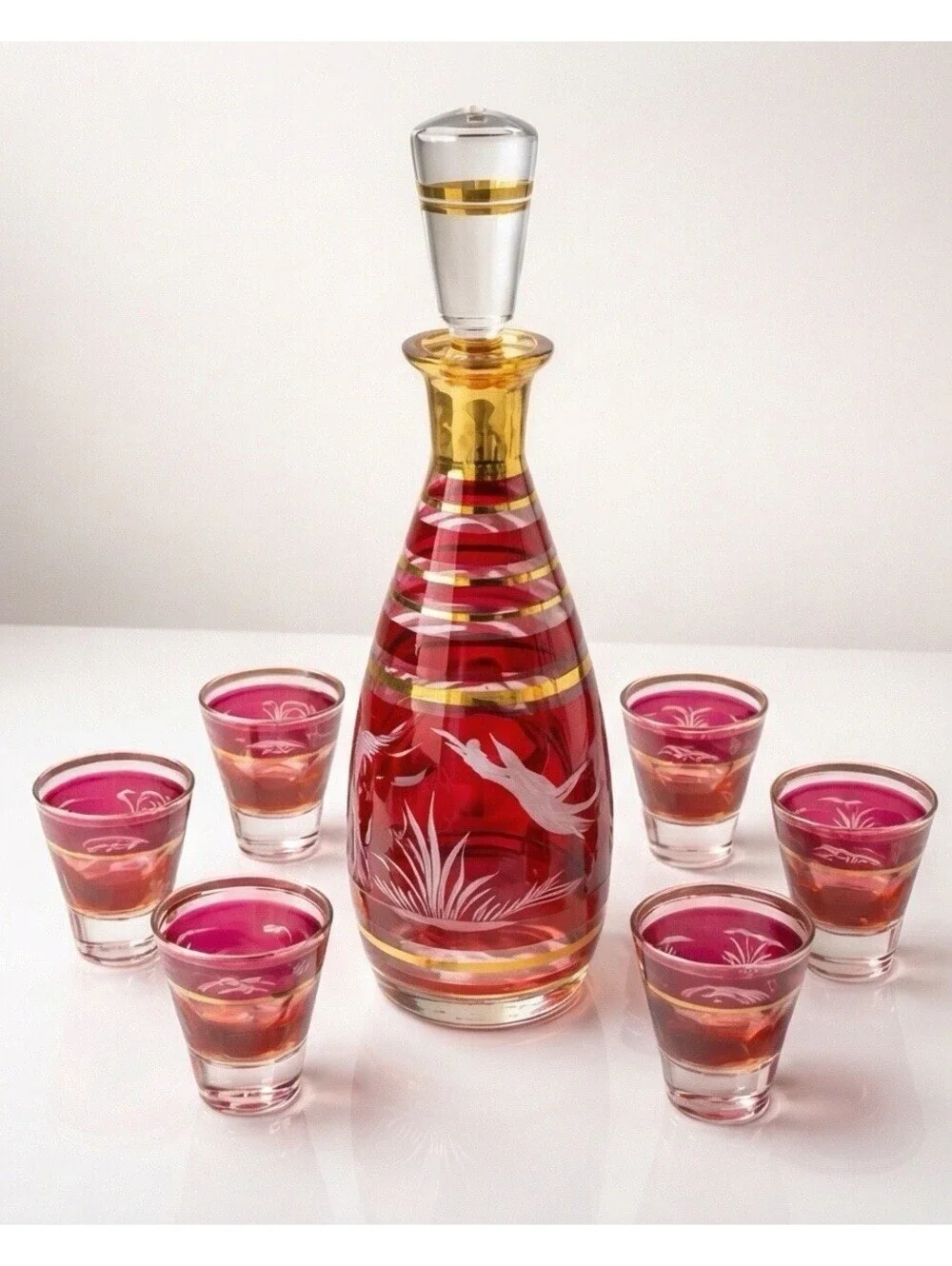 Vintage Ruby Red Glass Decanter Set 7pc Gold Trim Etched Bird Barware Set
